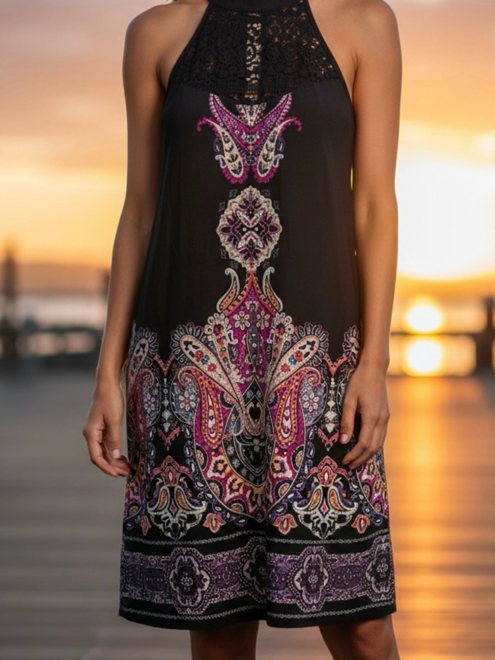 Xhilaration Black Halter Tank with Pink & Purple Paisley
